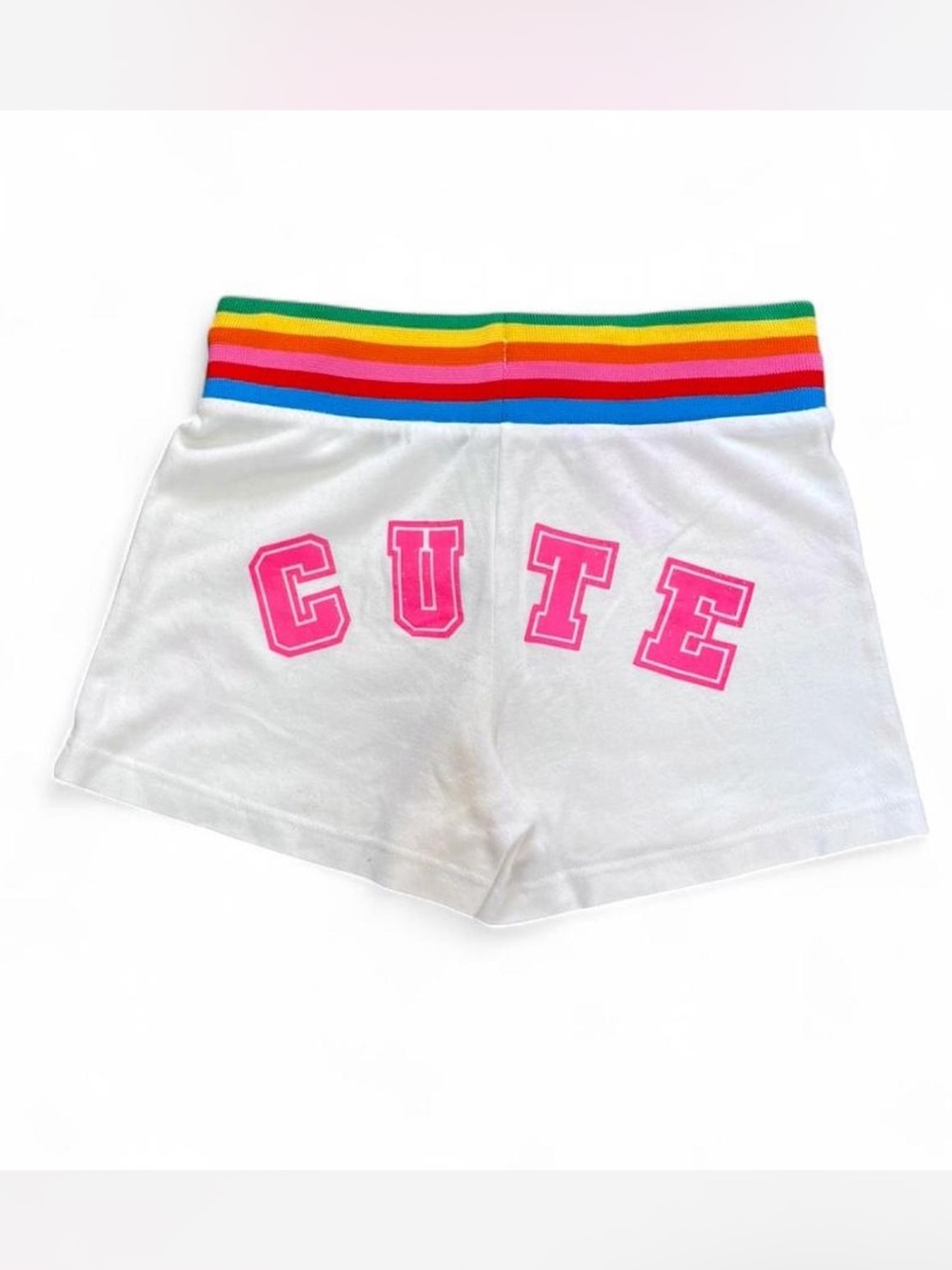 Y2K White Low Rise Shorts with Butt Print And Rainbow Waistband